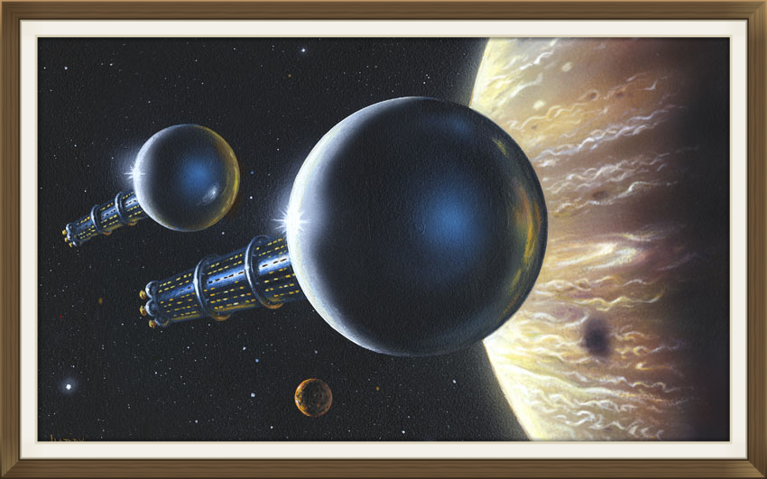 "Enzmann Starships at Jupiter", by David A Hardy, Original art work, Space art.