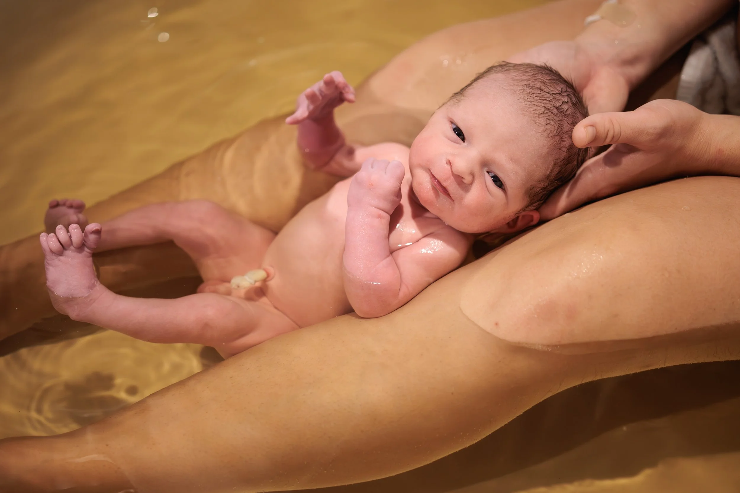 A newborn baby in an herbal bath, cradled by his moms hands, with a serene expression.