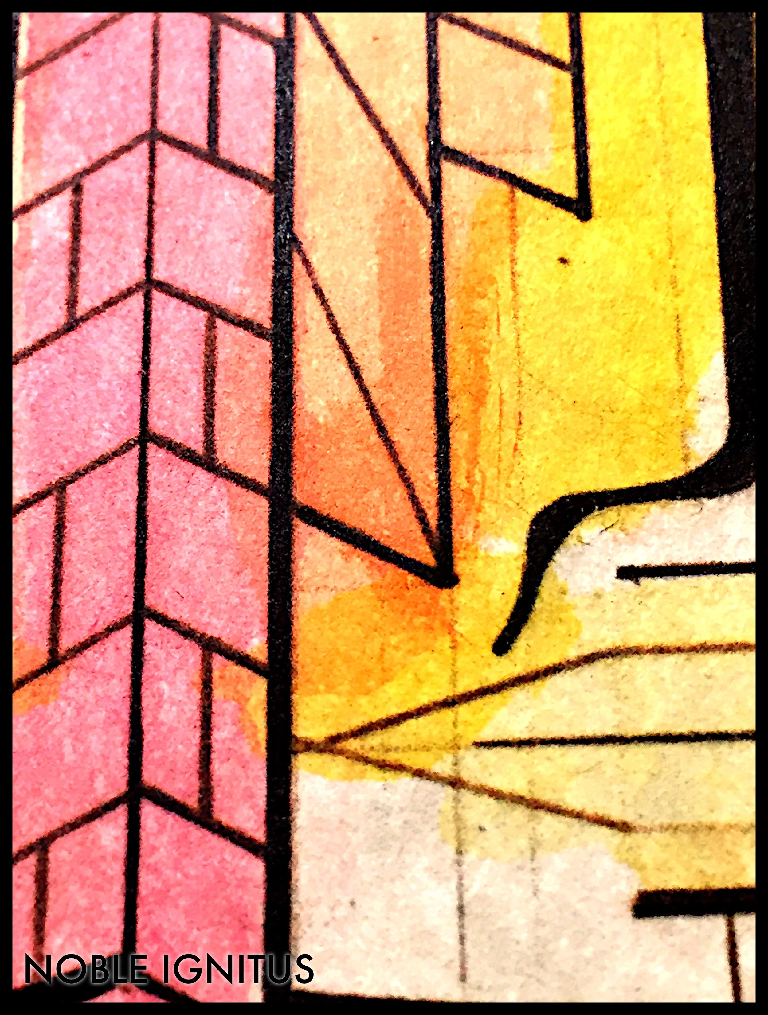 Color layer 1 detail: with the wash I do not worry about overlapping color nor do I worry about staying in the lines.