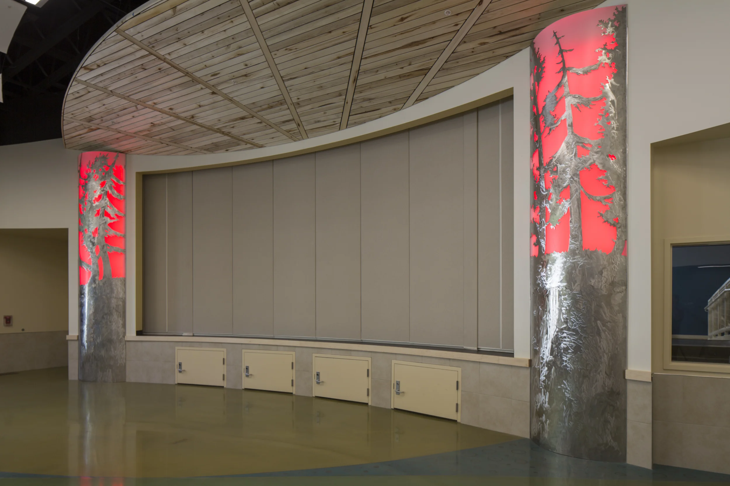 "Enchanted Forest" stainless steel, acrylic panel, LED lights 2015, Girdwood Elementary photos Chris Arend
