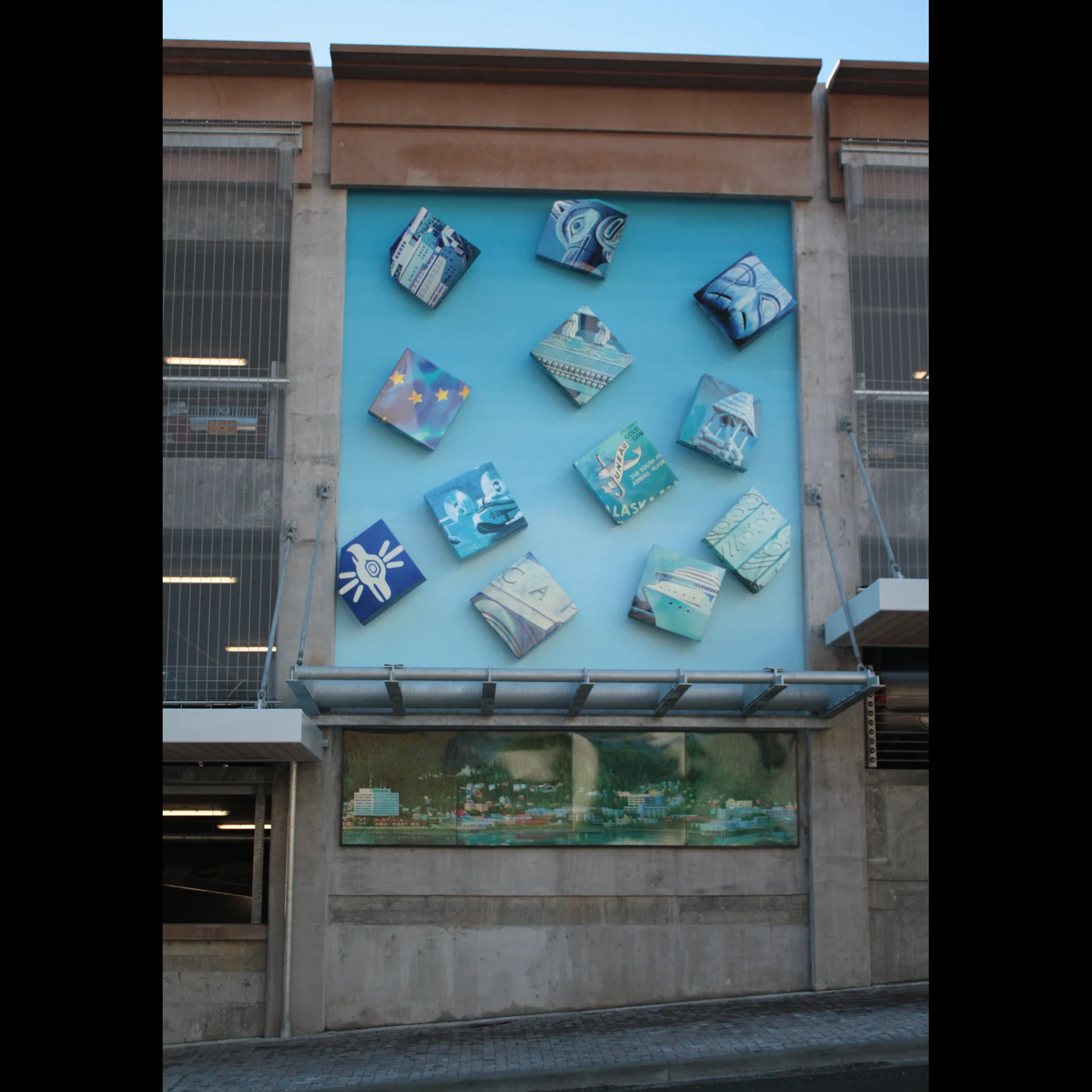  "Precipitation" Digitally powdercoated aluminum, Kiem paint, fiber optic light. 2010. Juneau Parking Garage 
