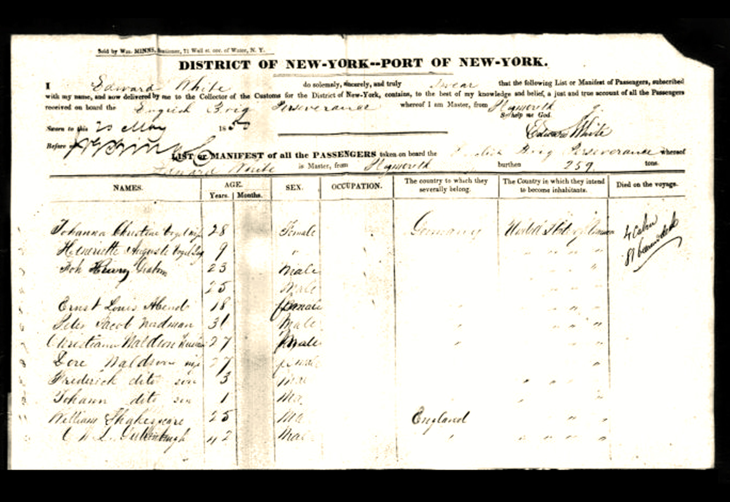 Ship passenger manifest for the "Perseverance" sailing in 1850 from Plymouth, England to New York.