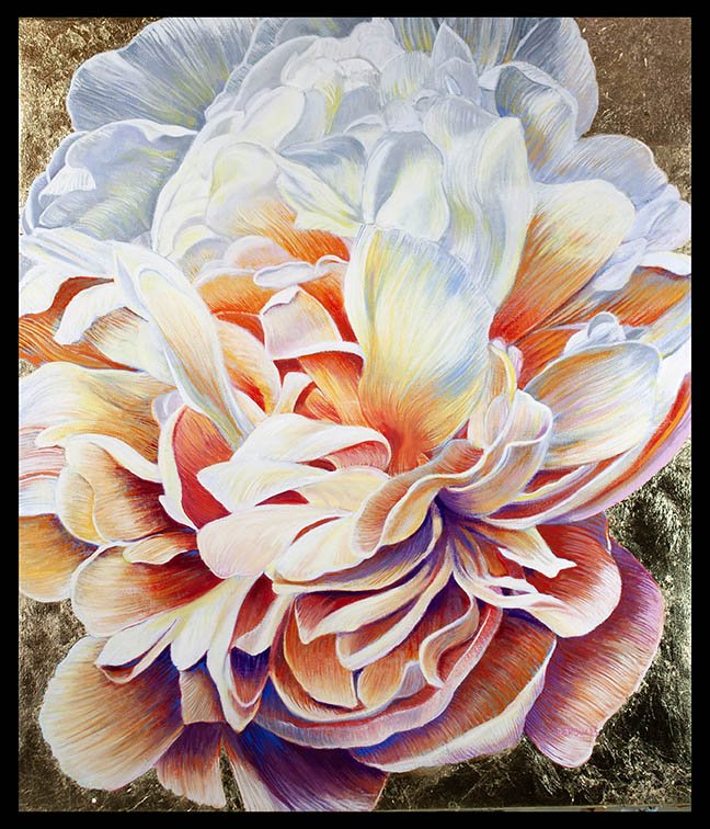 Peony, gold leaf background.