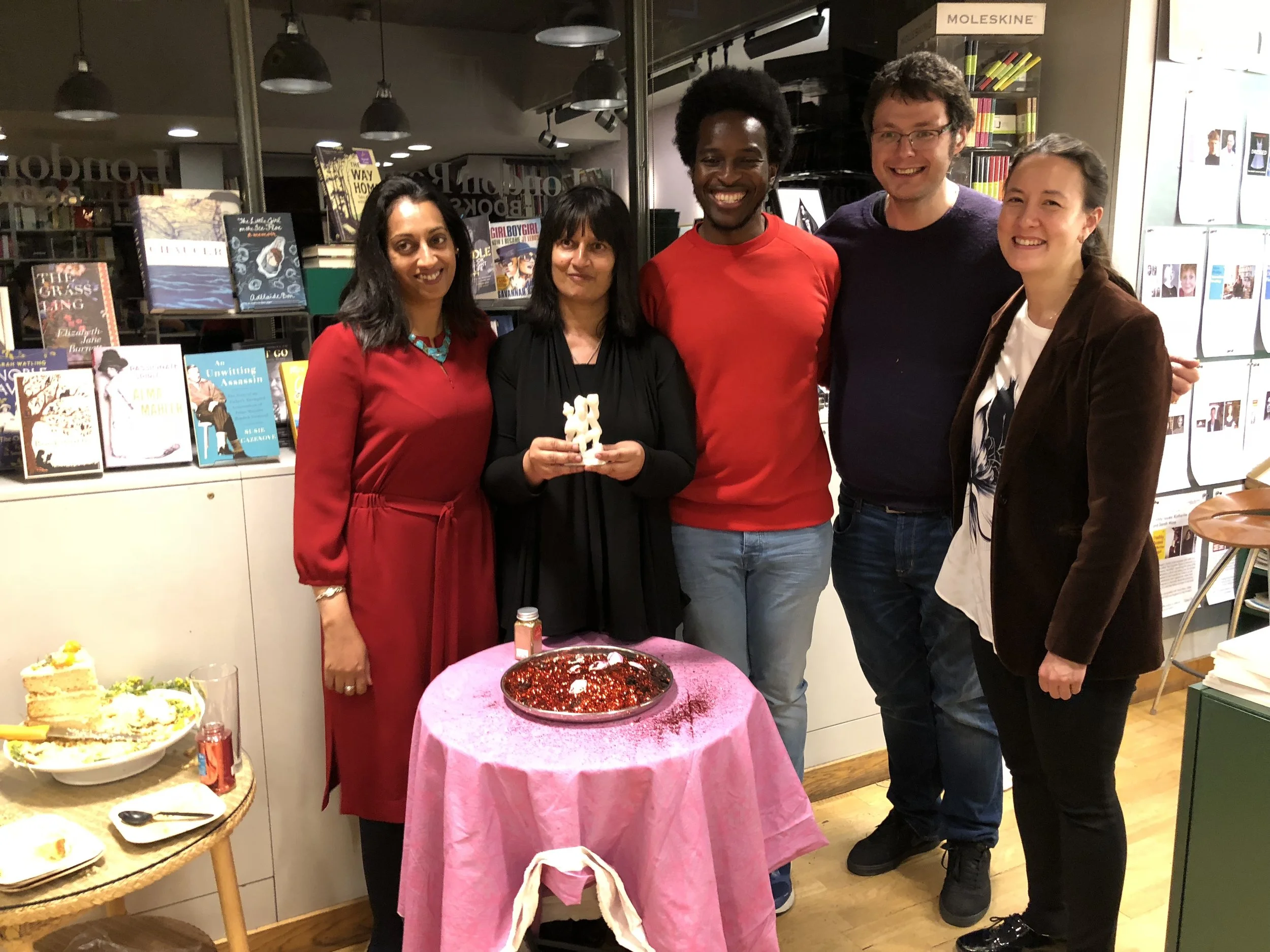 Sandeep Parmar, Bhanu Kapil, Kayo Chingonyi, Ilya Kaminsky and Sarah Howe by the glitter shrine.