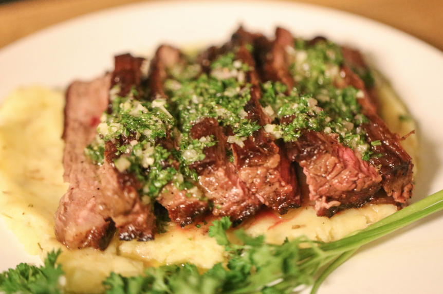 steak chimichurri with rosemary potato puree