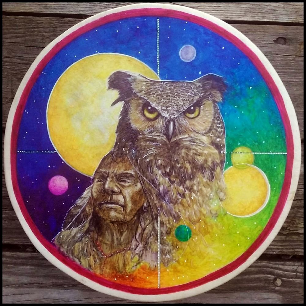 Owl medicine drum by David Craig, a great horned owl and elder among moons and planets