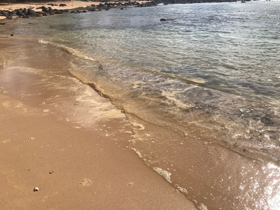 Polluted, discolored water at the stream mouth, Moloa'a Bay, Kauai, Hawaii