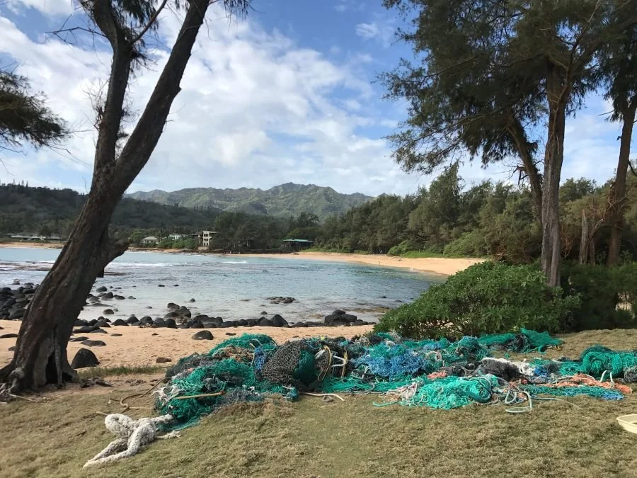 Fishing nets and marine debris washed ashore at Moloa'a Bay, Kauai, Hawaii