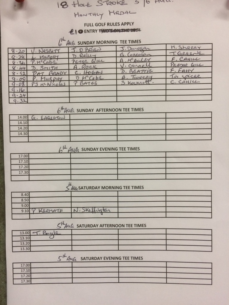 Entry sheet for Captain Sean McEvoy's prize is posted in the clubhouse , please get your names down asap.The Captain's Dinner dance will be held on 1st September , details to follow . The draw for the club matchplay competition is also posted in the clubhouse and play by dates must be strictly adhered to.