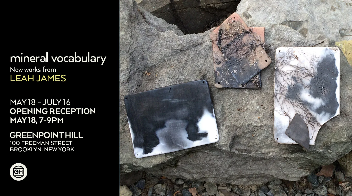 Bringing together prehistoric technology and contemporary ceramics, for the past year and a half, Leah James has been choreographing controlled outdoor pit fires to create her new work. The firing and the preparation of the kiln are a performance, documented by the resulting 5.75 x 8.75 inch finished clay slab “paintings.” Each piece is made unique during the firing. As chemicals oxidize and are absorbed on the surface, a range of colors and shapes are deposited upon the hand burnished stoneware from different combustibles; banana peels cause grey and blue marks, fine black lines are created by burnt hair, and sawdust causes planar and irregular black shapes. This process has affinities to exposure in photography but instead of light, exposure to heat and chemical oxides create a range of marks, colors, shapes, and cracks on the bare clay surface. The slabs become objects for looking and seeing, recollecting the process of the performance and our relationship to the Earth’s materiality. The work in Mineral Vocabulary was fired in April 2017 near Fishkill, New York. The document of the performance, nine rectangular ceramic paintings, hang side by side. This series plays on the nature of time and links the material of fired clay conceptually, as it is one of the formative human technologies. Clay is used abundantly in contemporary society but again relates to prehistory as the materials that make up the clay body have theoretically existed from the beginning of the universe and time itself, condensed within the solar nebulae. Leah James is a Canadian artist living and working in New York. She received her BA from University of Waterloo (2006) and has exhibited her work internationally. She co-organizes Side Effects Gallery, an artist run project space in Brooklyn. The work in this exhibition is the fifth piece in an ongoing series of pit firing performances. Leah will be conducting firings throughout the summer in Ontario, upstate and on beaches near New York City.