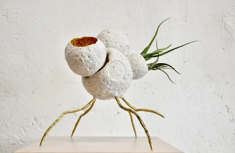 MM0004 , Ceramic, brass, tillandsia. 10" x 10". Spray plant with water twice per week. $1400 SOLD