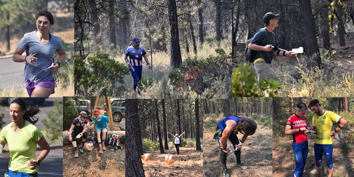 Runners at the COCC sprint; runners on and after the Lava Loops course; and course clean-up specialists Abra and Sue waiting to do their thing. Photos by Deb Wenzel.