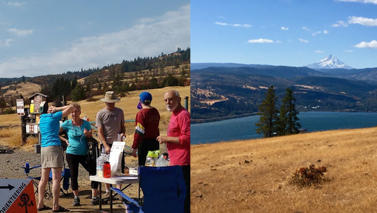 Catherine Creek volunteers at event center and view from the course. Below: Battle Ground Lake participant, map, course. Bottom pictures: Alison Crocker on the course at Mary S. Young, Tony Pinham’s beginner clinic at Mary S. Young.