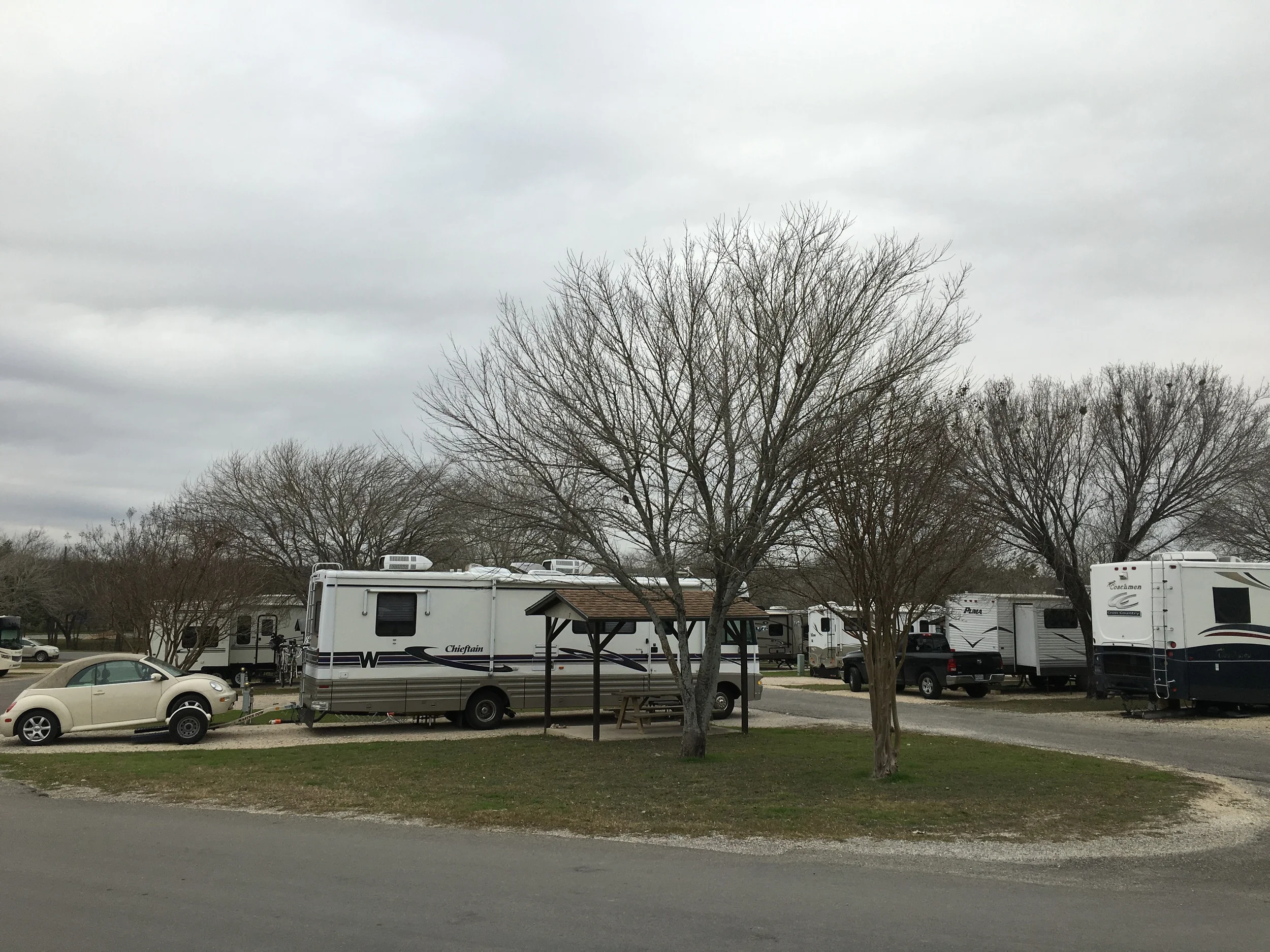 Stone Creek in San Antonio; this is a privately owned campground and now you can see why we prefer state parks. We are lucky to be on a corner lot!