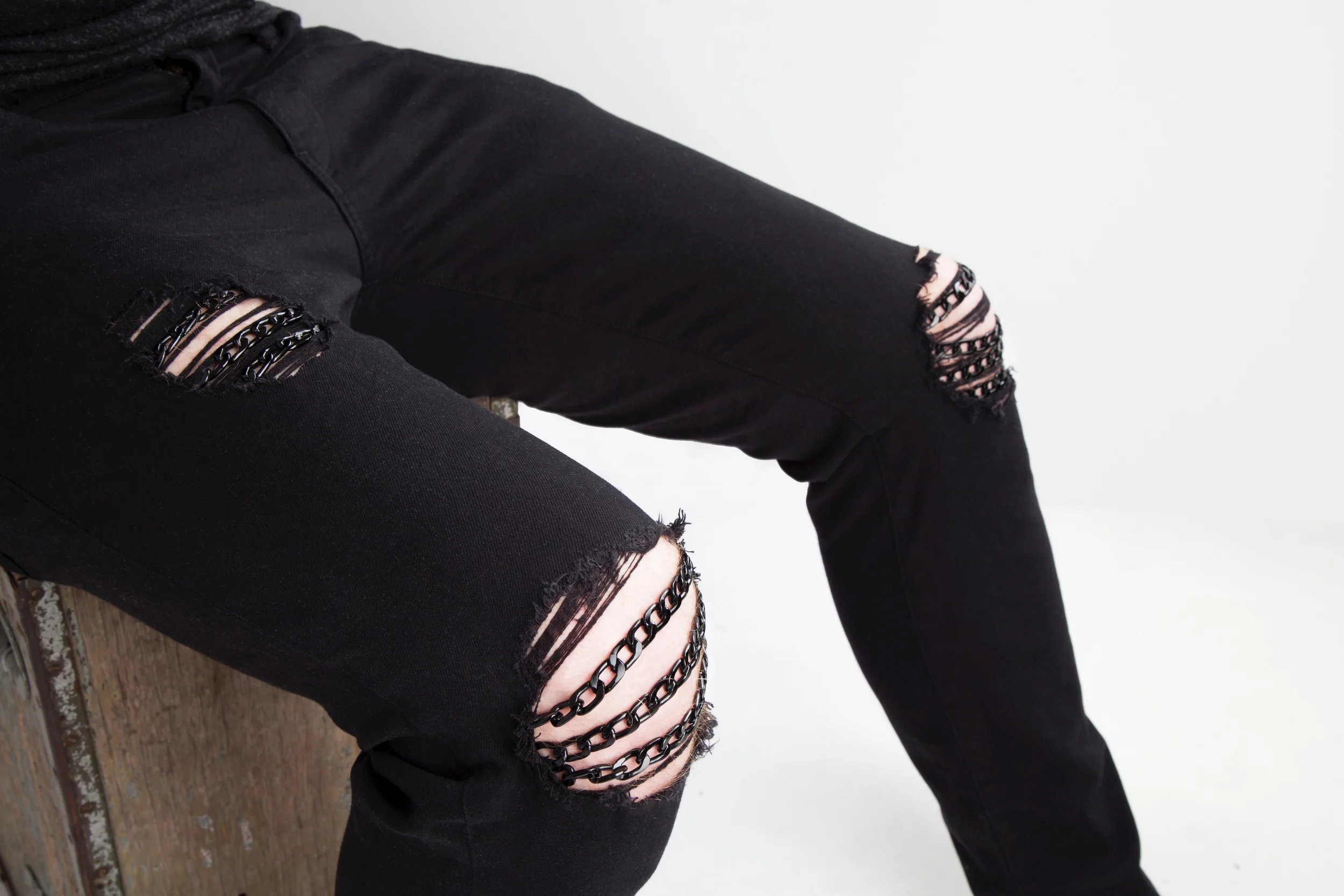 Men's Black Skinny Jeans with Black Chains