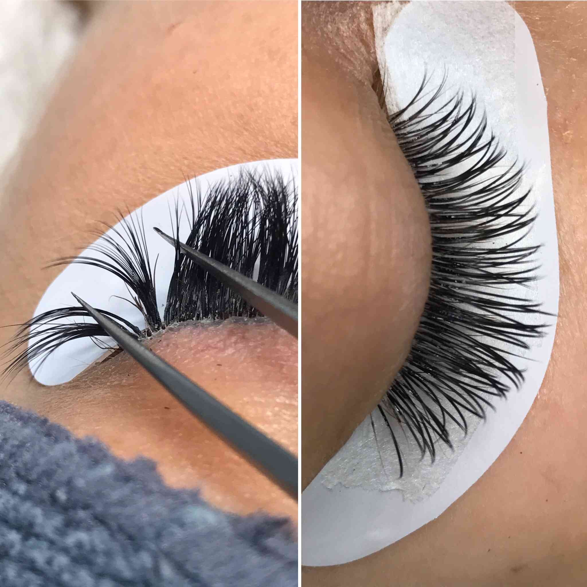 The image on the left shows an example of a client who came to us with poorly applied lash extensions - six natural eyelashes are stuck together with way too much glue applied and also sticking to eyelid skin causing irritation and pain. The image on the right shows how lash extensions should be applied when done professionally - fully isolated and close to, but not touching the skin with no irritation or swelling.
