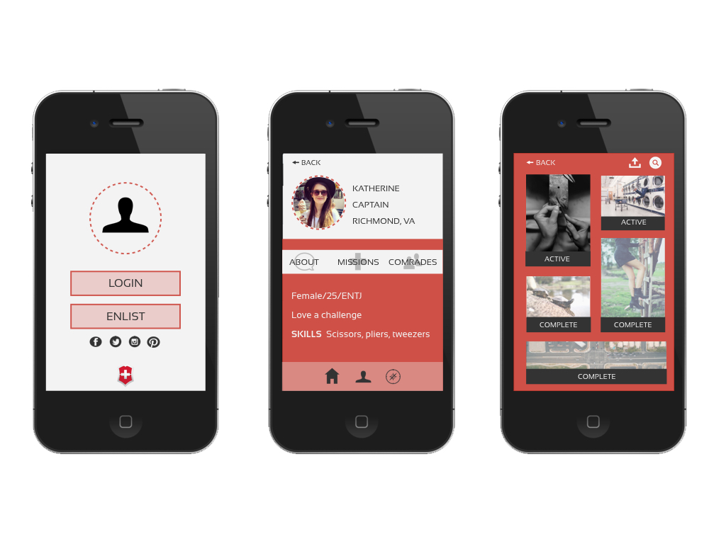 Platform login, user profile, and mission control. Users can go to the Victorinox website or download The Army app to begin playing.