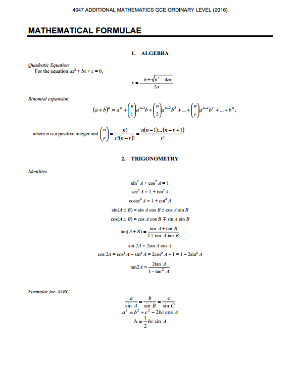 O Level A Maths Standard Formula Sheet Kenneth