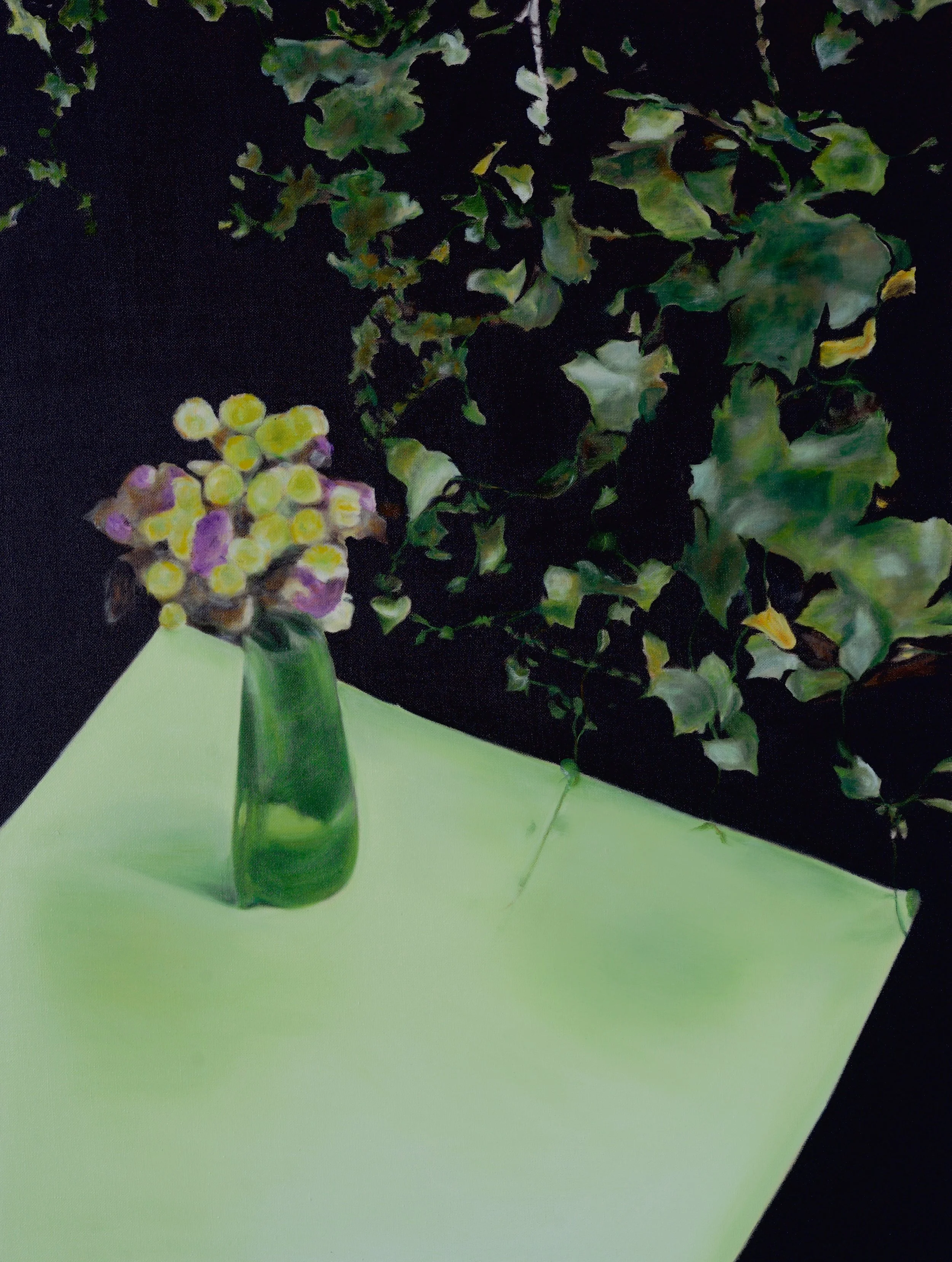   Green Table , 2022  oil on linen, 80 x 60 x 6 cm, 31.1/2 x 23.3/4 x 2.1/4 in.   see details  