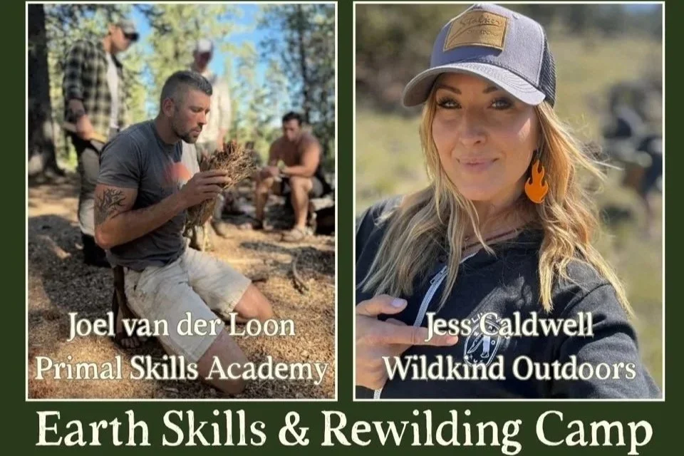 Two women and three men outdoors at an earth skills and rewilding camp. The woman on the right, wearing a cap and black hoodie, smiles at the camera. The man on the left, kneeling and holding wood or a plant, has short hair, a beard, and tattoos, with two other men sitting in the background. Text overlays identify the individuals as Joel van der Loon and Jess Caldwell.