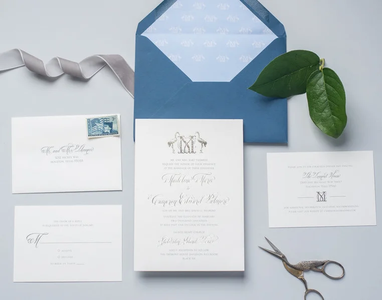champagne foil traditional wedding invitation suite with calligraphy and custom monogram.jpg