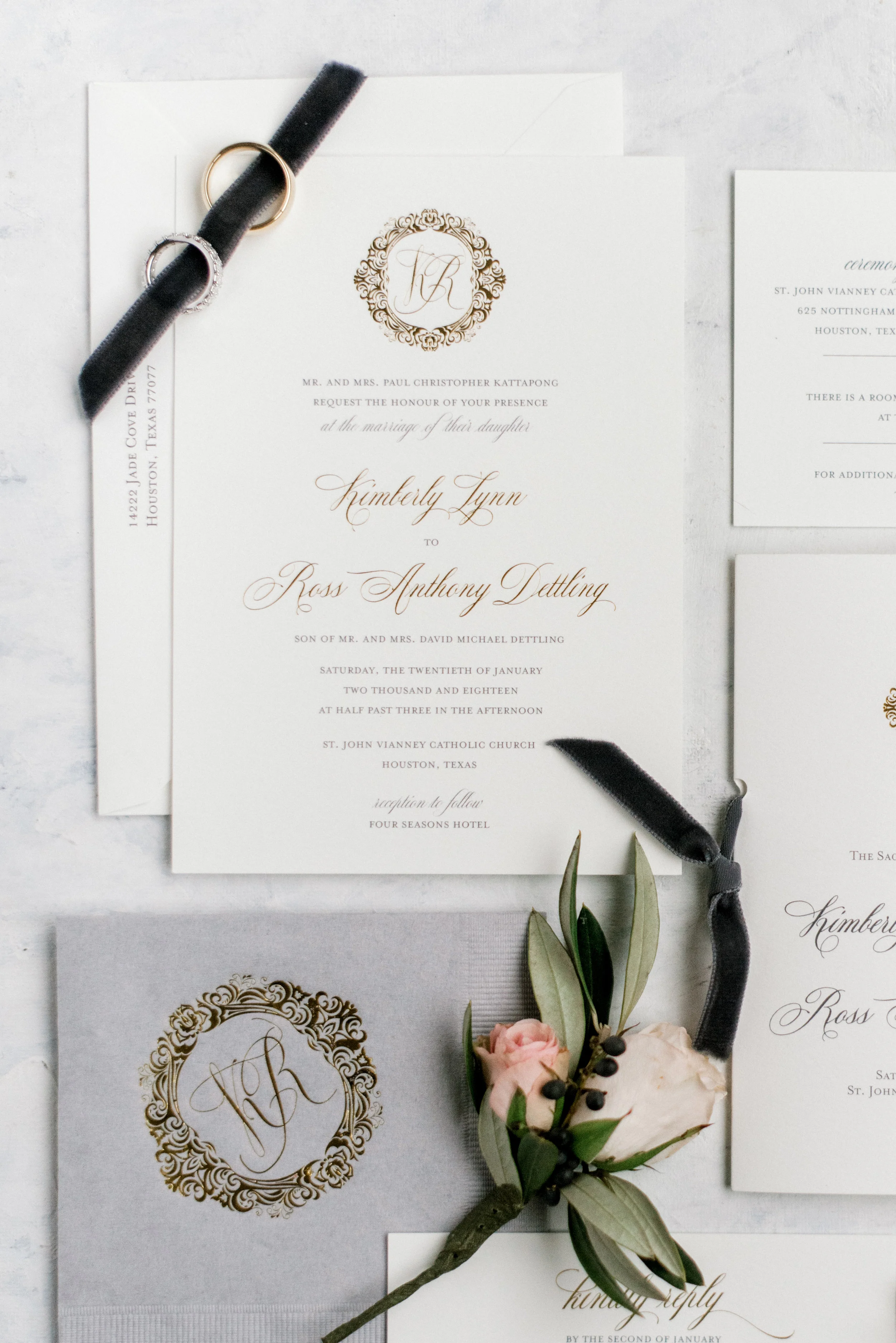 Gold foil wedding invitation with custom monogram