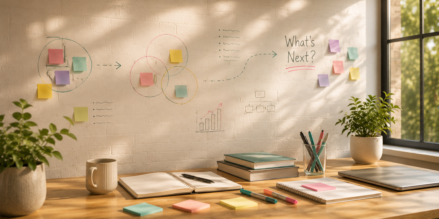 An office planning space with a whiteboard of sticky notes and a cozy reading nook