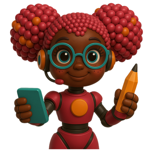 Cartoon robot character with large, curly pink and orange hair, big blue glasses, and a headset, holding a smartphone in one hand and a pencil in the other