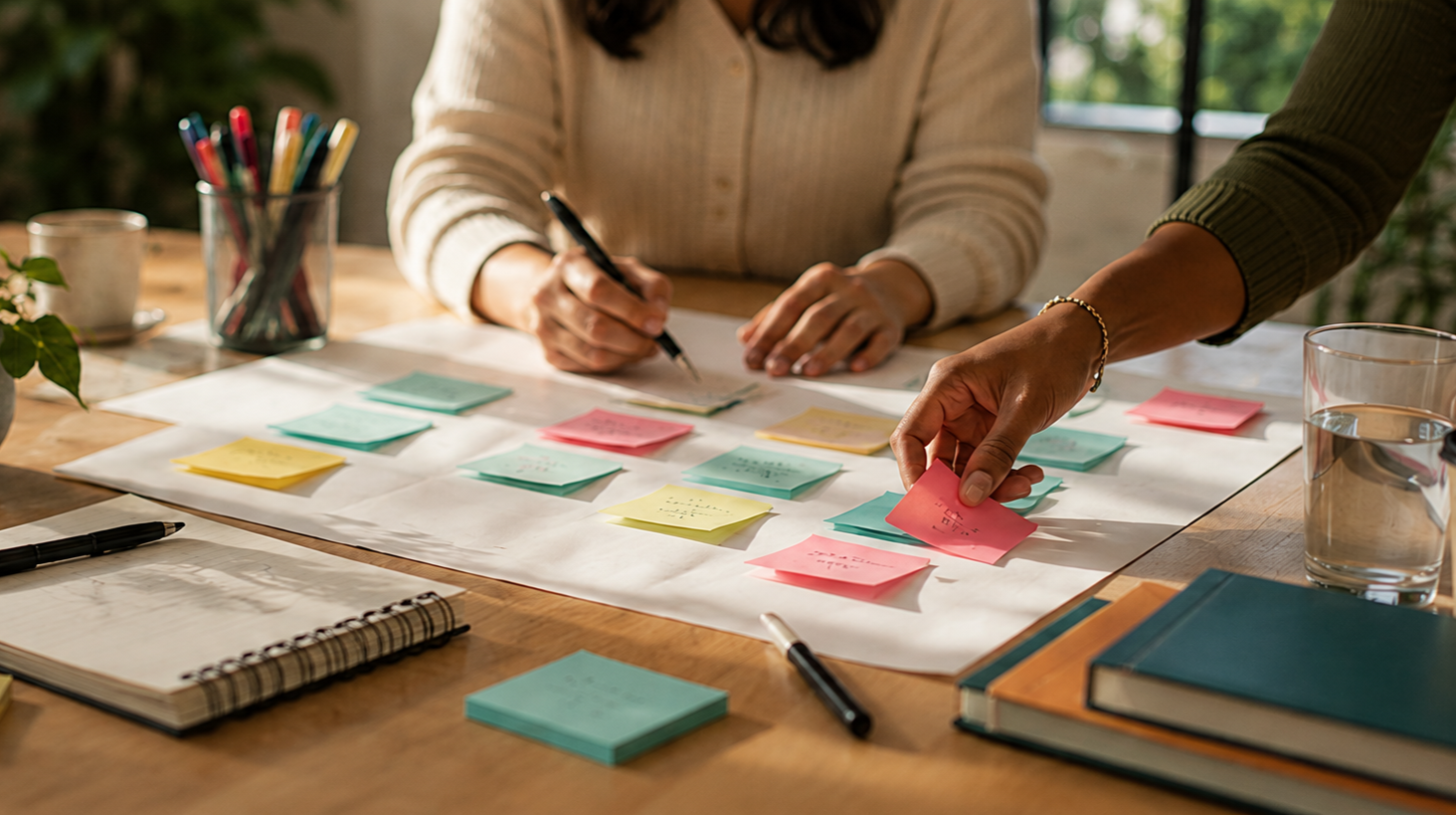 Close up of hands arranging sticky notes on a table during a planning session
