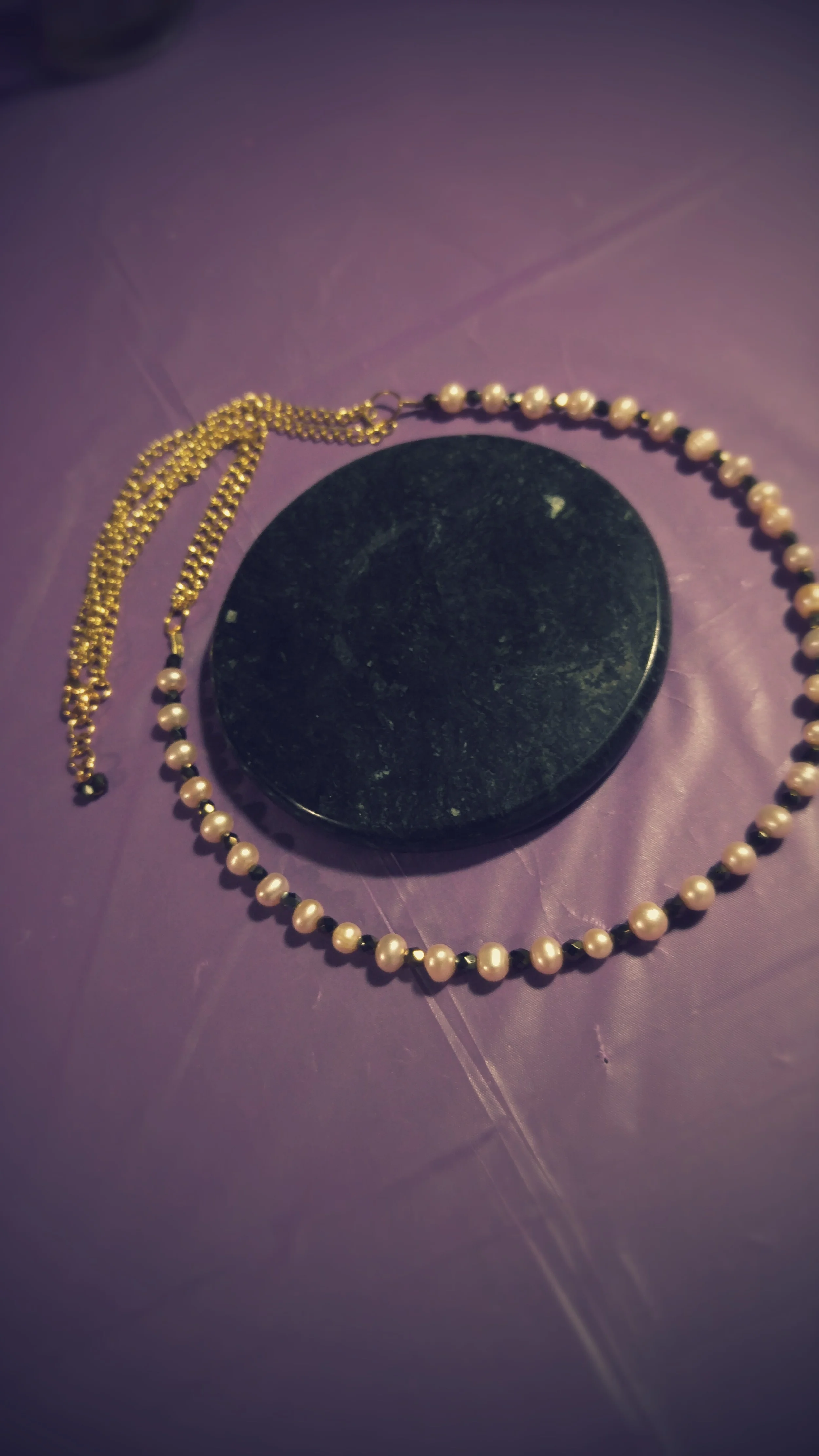 Mauve Freshwater Pearl and Black Bead Necklace with 2-Layer Gold-Plated Chain