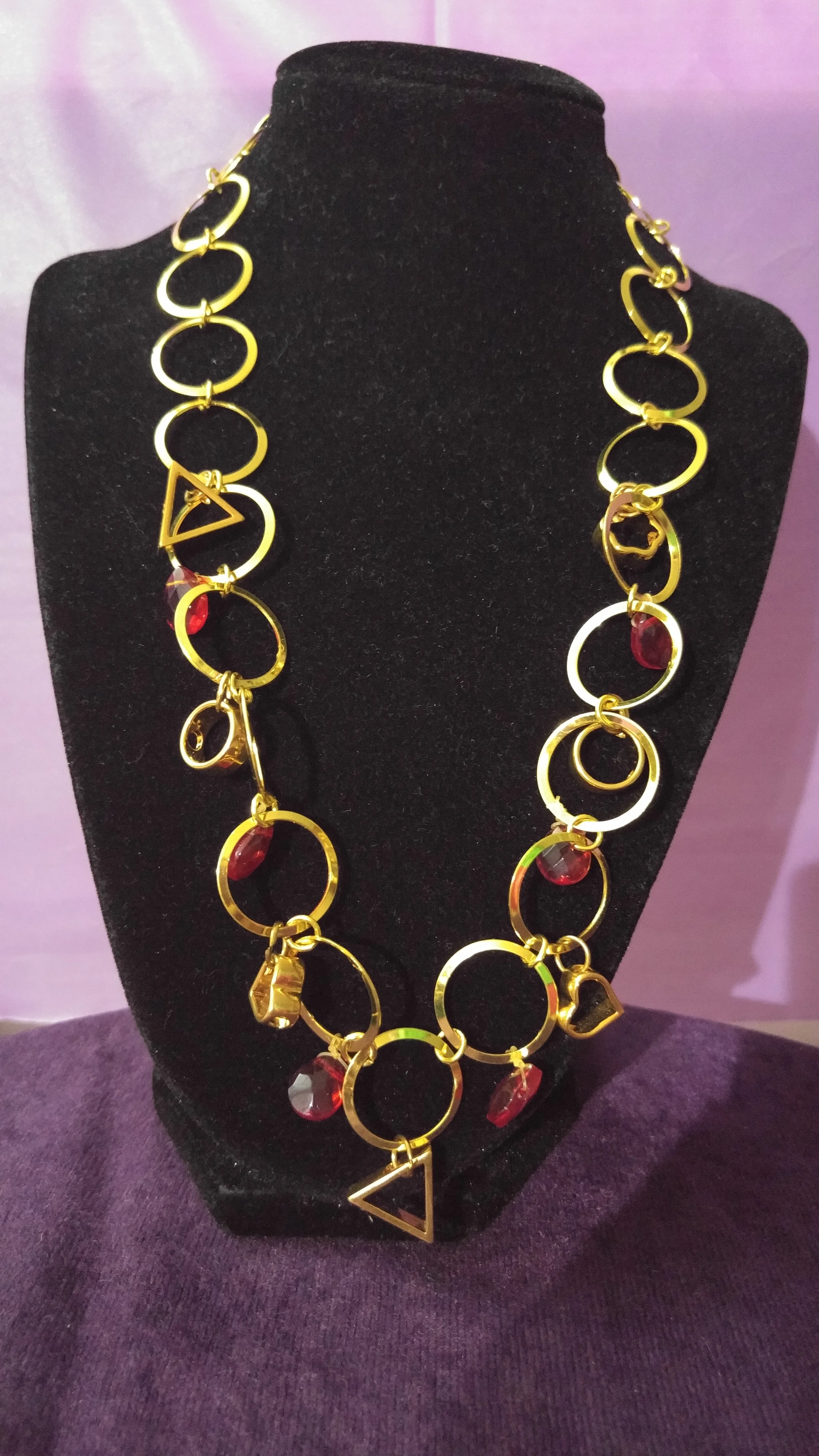 Round Gold Plated Necklace with Charms and Red Beads