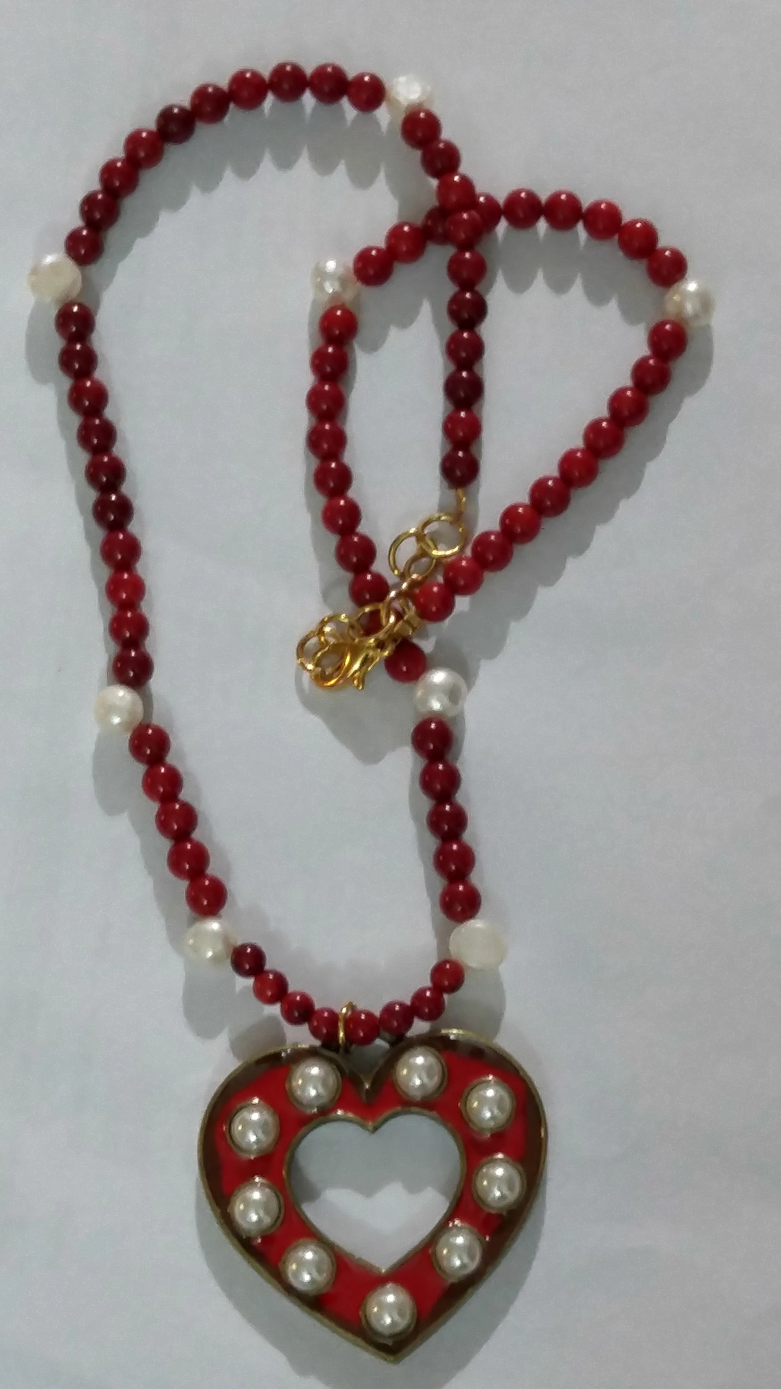 Red Corals and Freshwater Cultured Pearls Necklace with Metal Heart Pendant with Glass pearls.