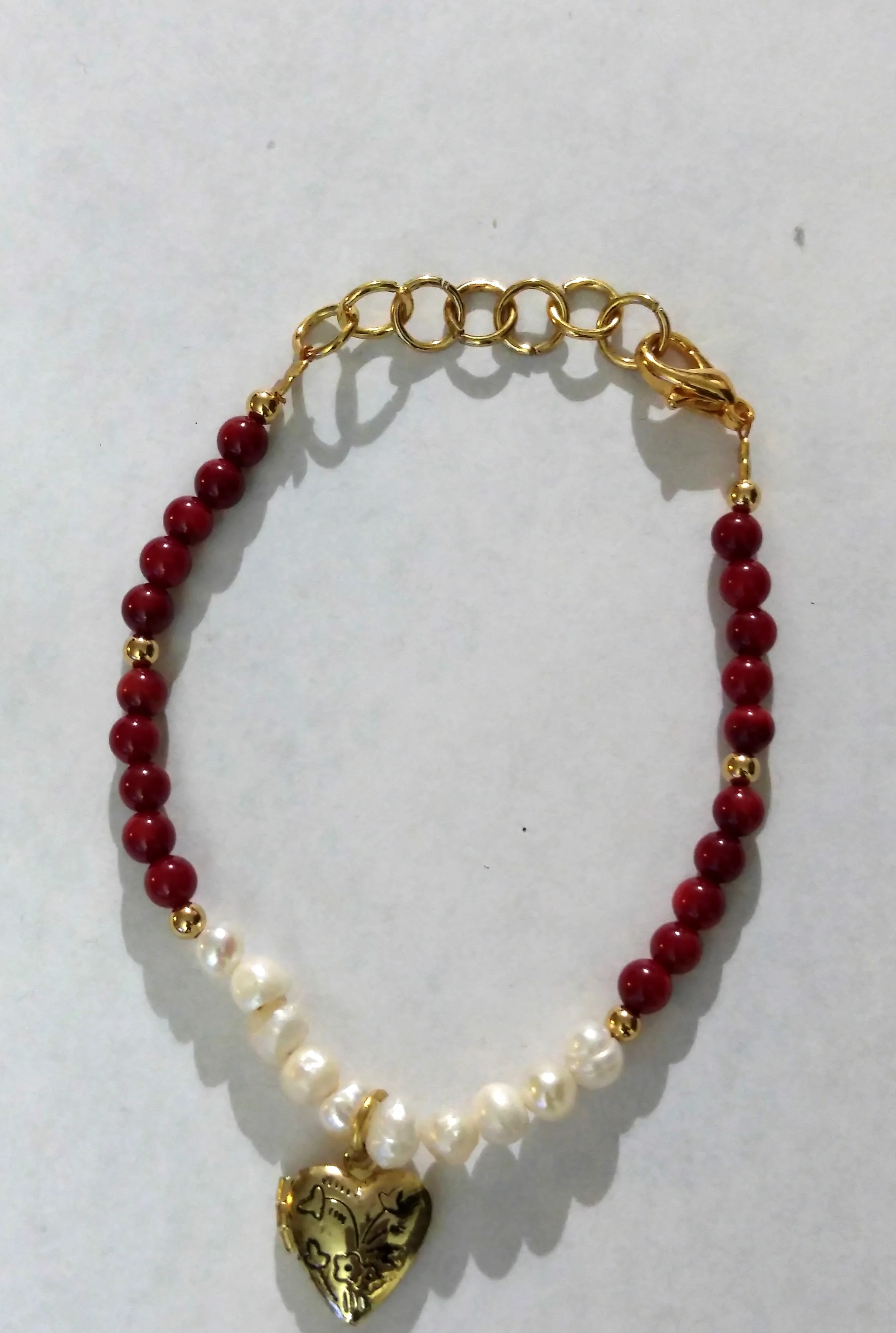 Bamboo Coral and FW Cultured Pearls Bracelet with Heart Charm