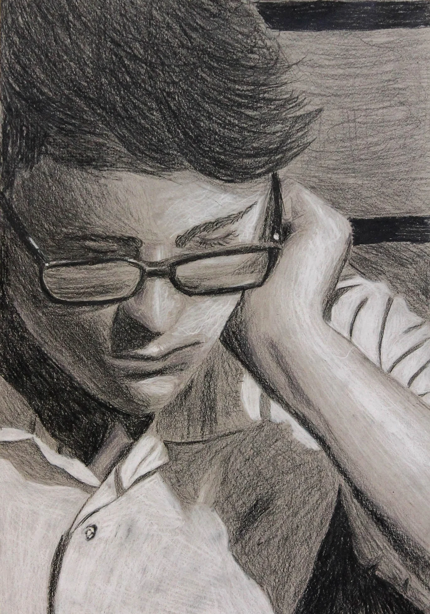 10th Grade, Baroque Portraits,  white & black pencil, 11 x 17"