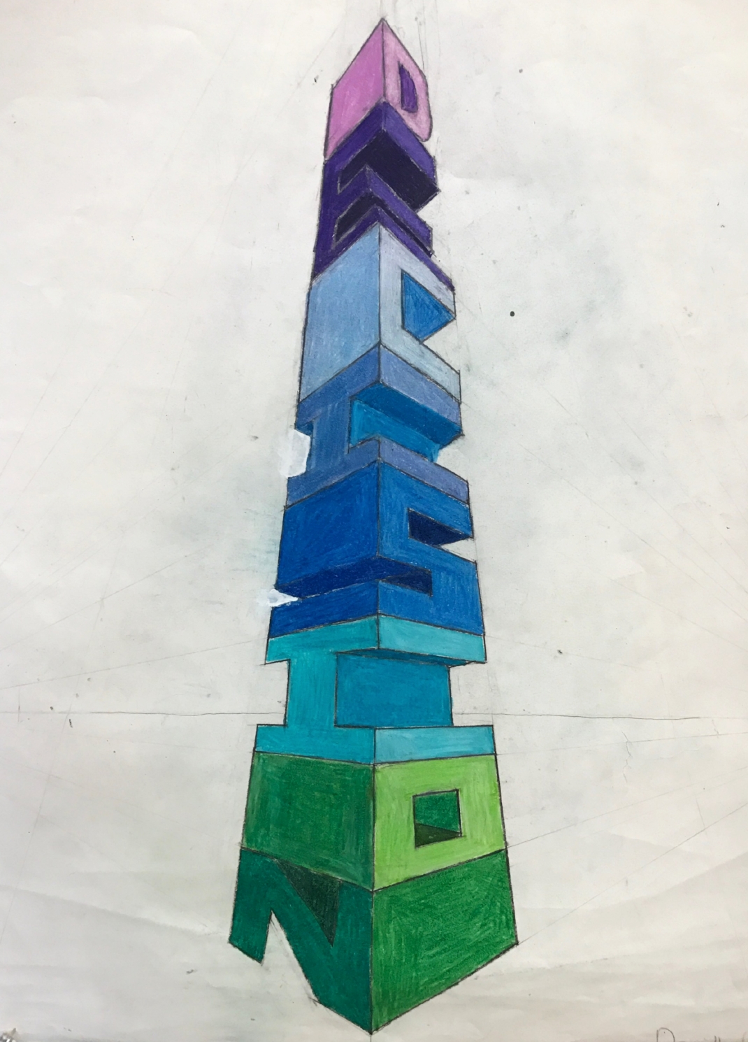 9th Grade, Word Tower Project, color pencil, 13 x 19'