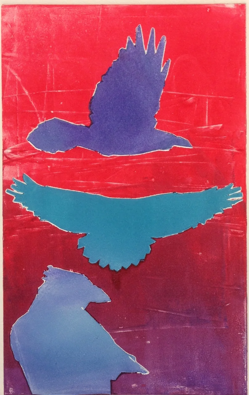 Printmaking, 11th grade, stencil mono print, 9 x 11"