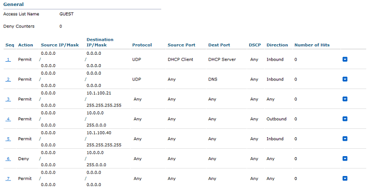 This is my ACL for guest on the network. Here's a breakdown of the rules: 1 - Allows an endpoint to get an IP address 2 - Allows an endpoint to use my DNS server 3 - Allows an endpoint to communicate with my ISE server - This could be locked down further to ports 8443. 8449, etc but this is a lab so I'm not going to worry as much about it. 4 - This permits traffic back from any 10.0.0.0/8 subnet to this endpoint. 5 - This permits this endpoint to communicate with my AD server - You can lock this down if you want but if you want to force updates or posturing for even your clients, I typically use my AD server in the environment to push them down. In a production network, you would NOT be doing this and it's safe to remove this rule in your own lab. 6- Denies the endpoint from reaching any of my internal subnets - You could further add more ACEs that include other RFC 1918 addresses but I'm only using the 10.0.0.0/8 space so there was no need for my lab 7 - Permits everything else so the Guest has internet access