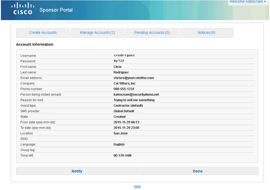 ISE will generate a username and password for the guest. The sponsor has the option to notify the guest depending on how you set ISE up to notify (e-mail, text, etc).