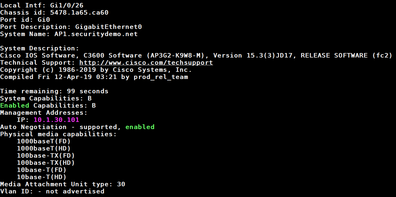 Example of an LLDP entry seen from a switch
