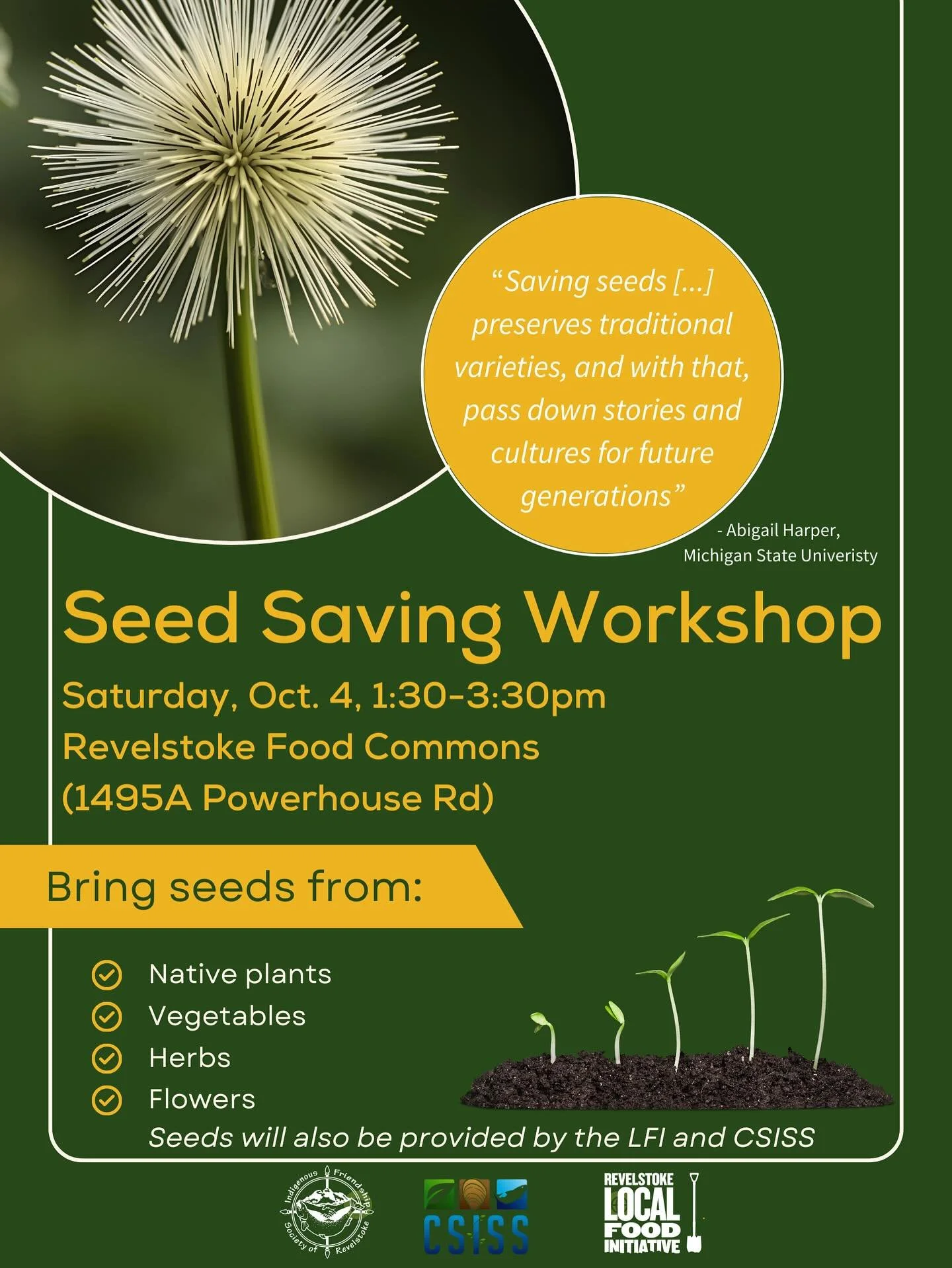 Join us Saturday October 4 at the Food Commons for a workshop on Seed Saving. 🌱 
Seed-savers from the LFI and CSISS will walk us through how to save vegetable, flower, and native plant seeds so you can sow them next season. 
Why save seeds? 
- Incre