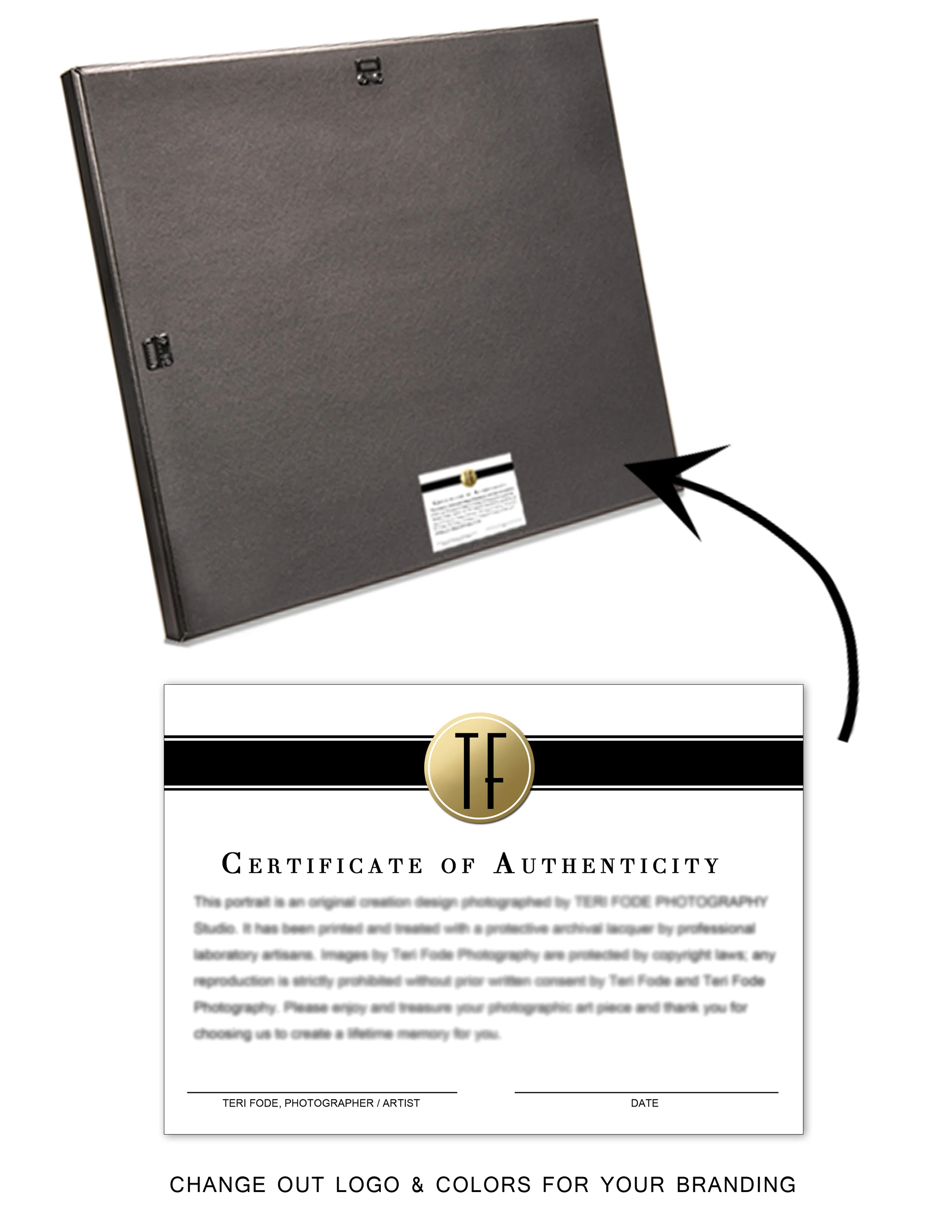 CERTIFICATE OF AUTHENTICITY to promote your art and your professional artistry on the back of your canvas work and portraits as well as to state your copyright. Insert your own logo/colors. Order as a 5x7 sticker from your lab. Printed portraits are for life.