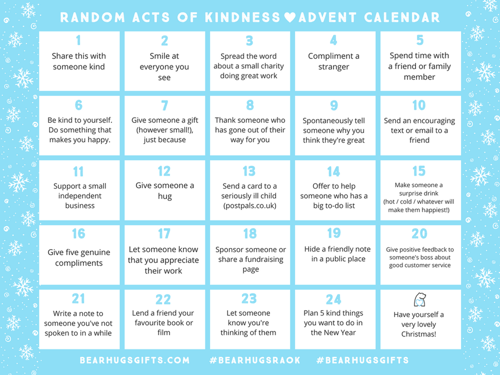 Random Acts of Kindness Advent Calendar 2017 — BearHugs Gifts | Send a 'Hug  in a Box' Thinking of You Gift by Post