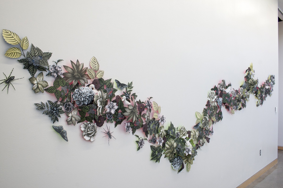 Garland, 2018, 6’ x 12’ Plotter-cut Lithograph and Silkscreen prints, Slip-Cast Porcelain