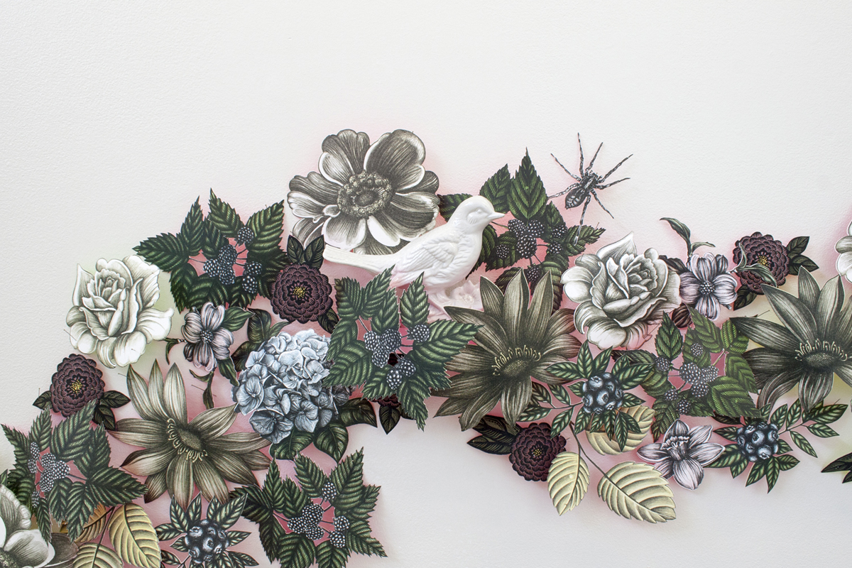Garland (Detail), 2018, 6’ x 12’ Plotter-cut Lithograph and Silkscreen prints, Slip-Cast Porcelain
