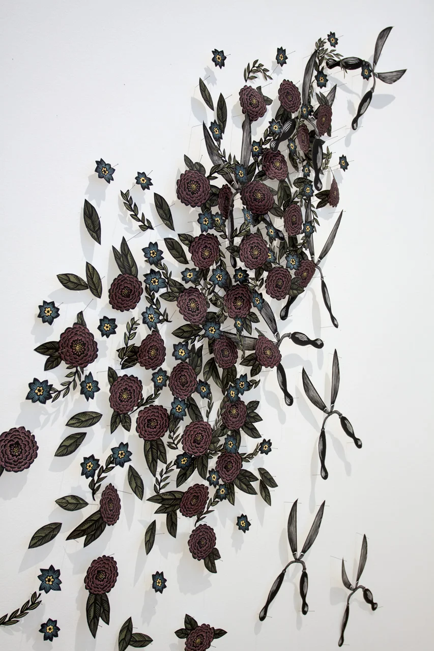 The Gardener and The Gardened , 2017, 5’ x 8’ Laser-cut paper, Woodcut and Silkscreen