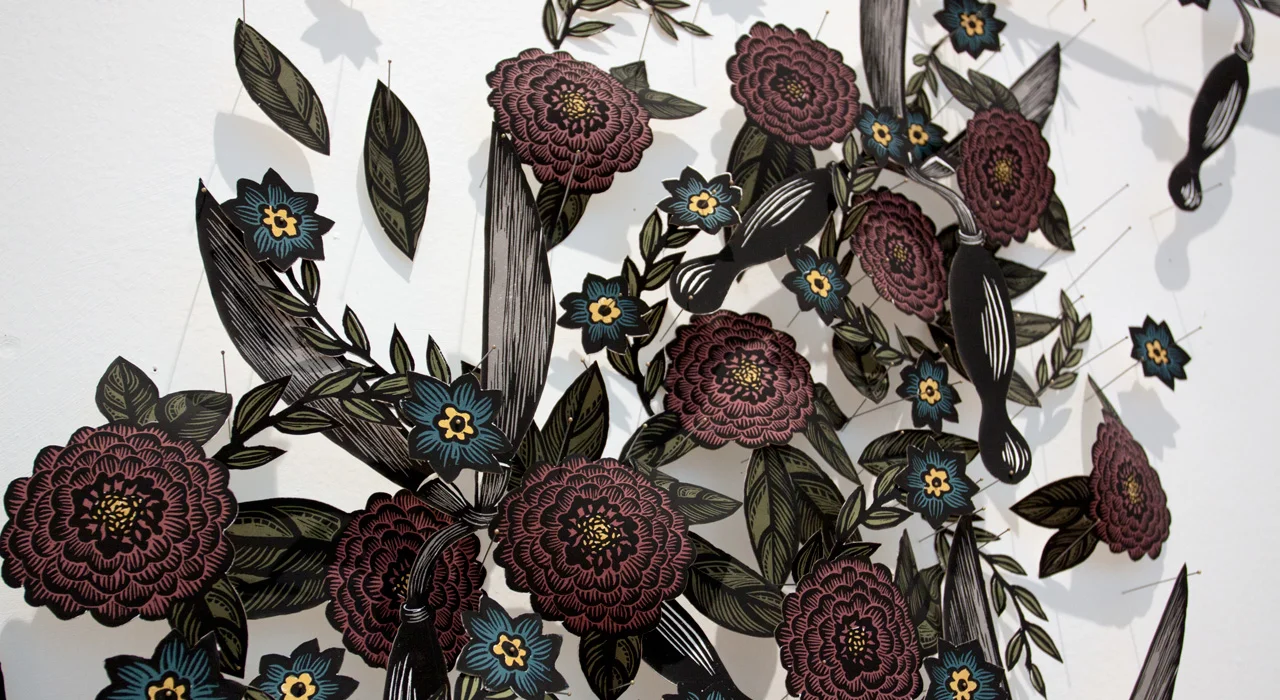 The Gardener and The Gardened (Detail), 2017, 5’ x 8’ Laser-cut paper, Woodcut and Silkscreen