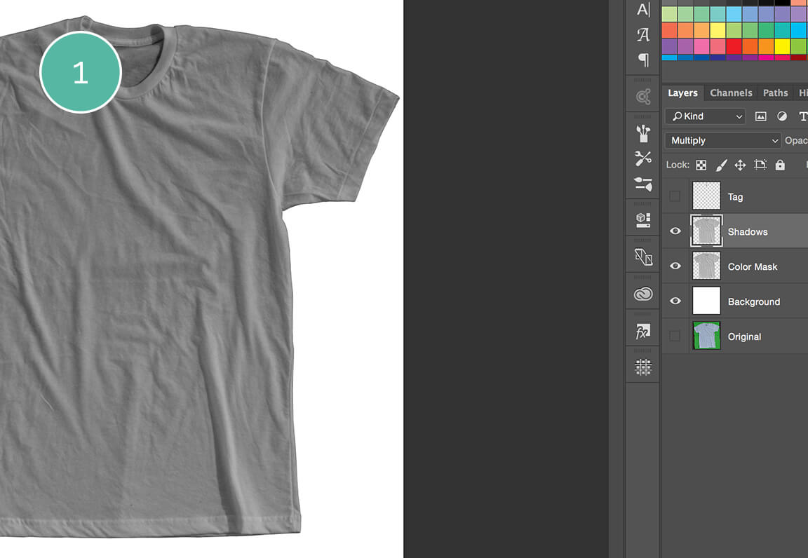 Step 1 on removing the tag for the how to create a t-shirt mockup tutorial.