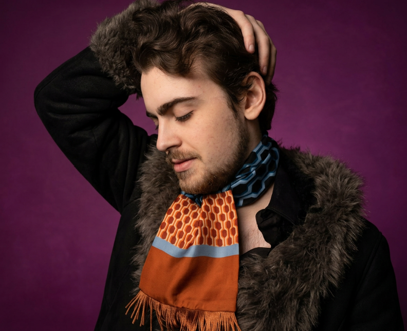 mexico city grid silk scarf with burnt orange fringe