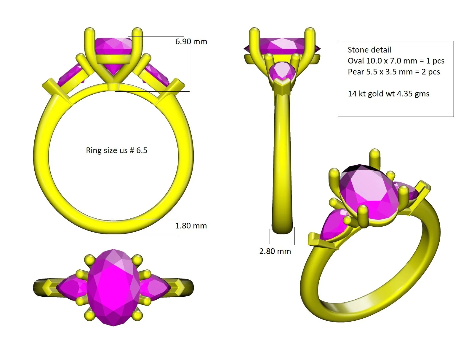 Diagram of a gold ring with pink and blue gemstones, showing top, side, and bottom views, with detailed measurements and gemstone specifications.