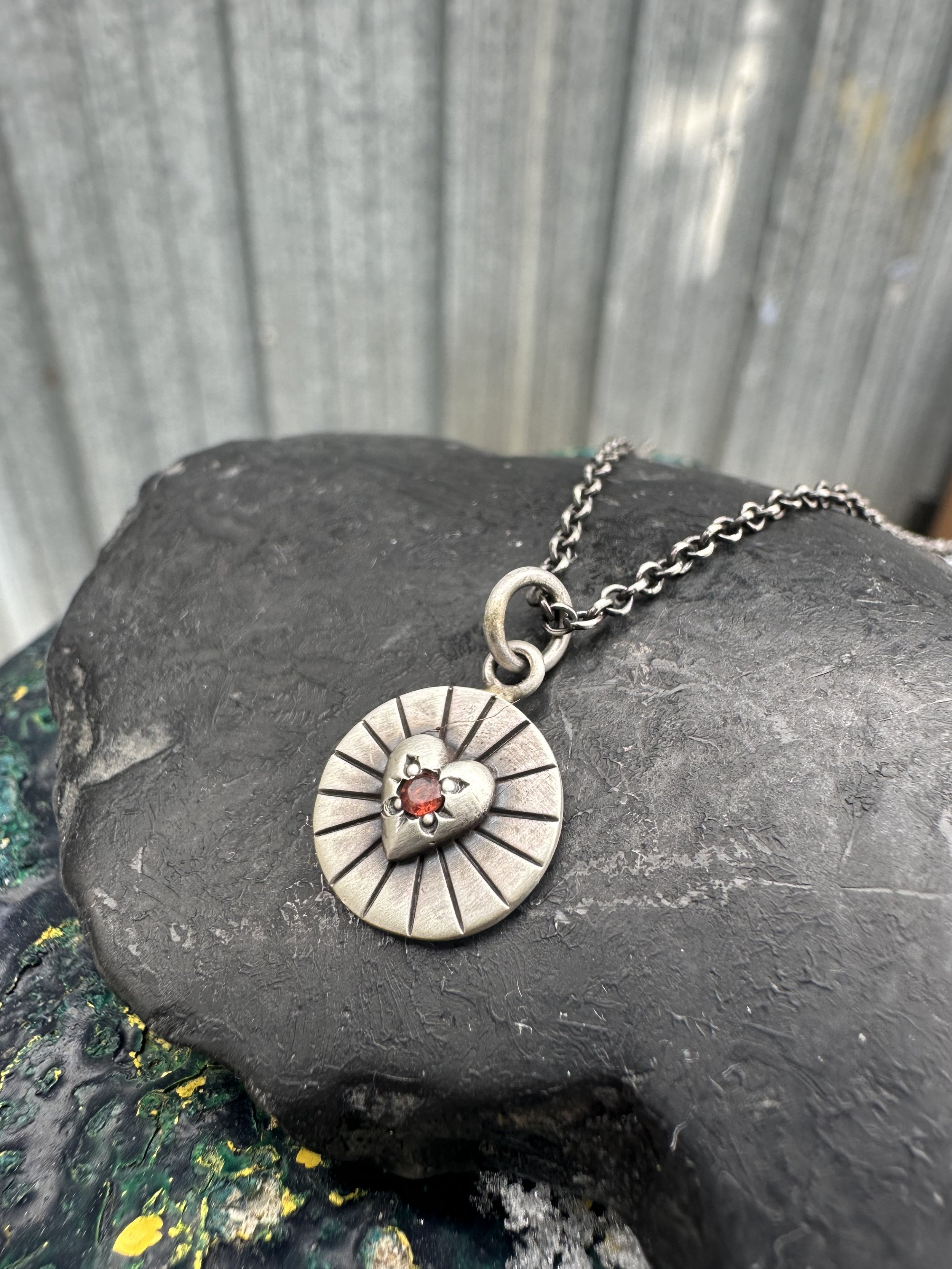 Jane Diaz Garnet Heart Disc Pendant Necklace